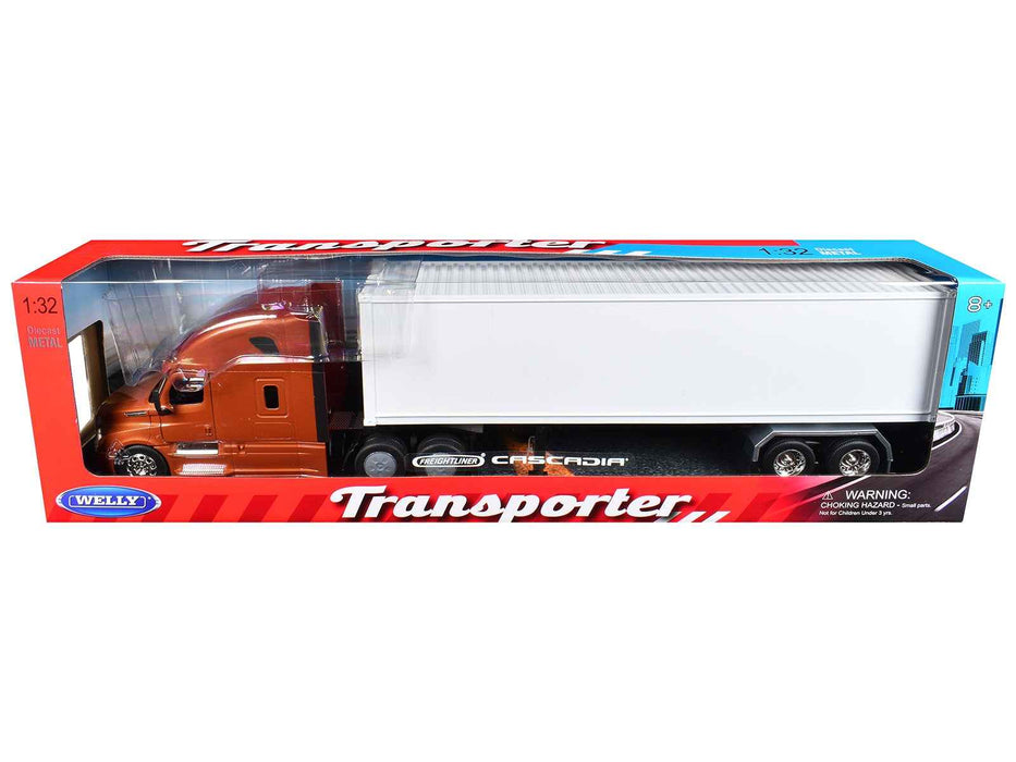 Freightliner Cascadia Truck Bronze Metallic with White Container "Transporter" Series 1/32 Diecast Model by Welly
