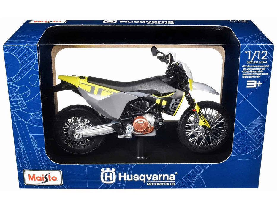 2023 Husqvarna 701 Supermoto Motorcycle Matt Black and Gray with Yellow and White Accents with Display Base 1/12 Diecast Model by Maisto