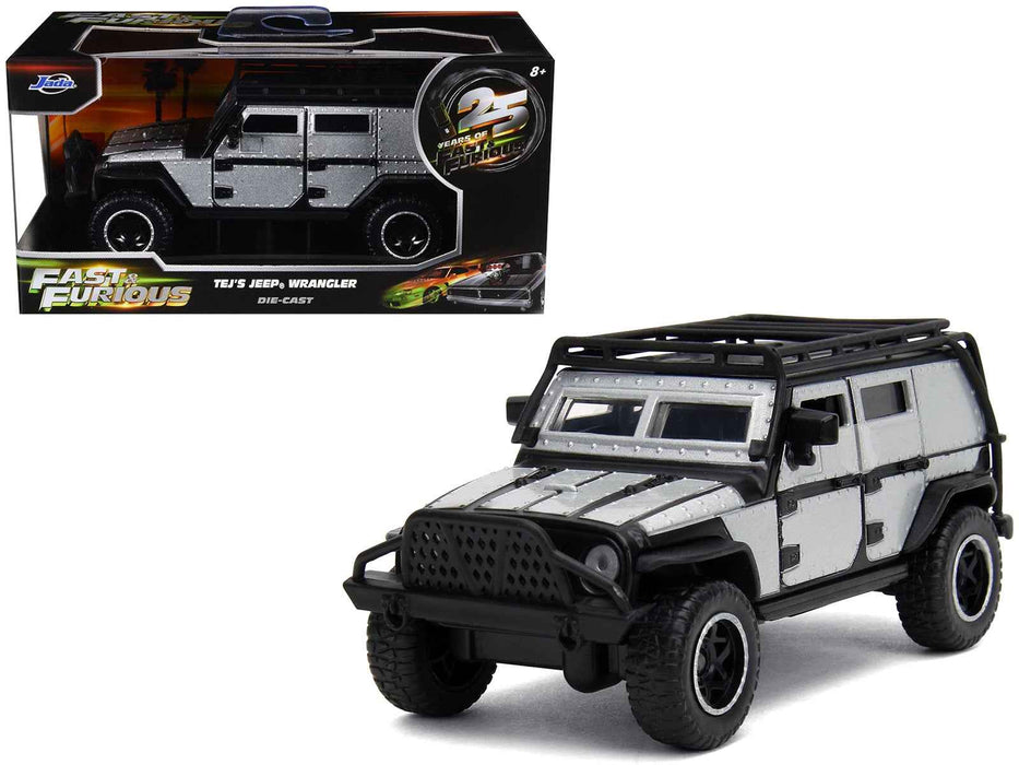 Tej's Jeep Wrangler Custom Silver Metallic with Black Top and Roof Rack "Furious 7" (2015) Movie "25 Years of Fast & Furious" Series 1/32 Diecast Model Car by Jada