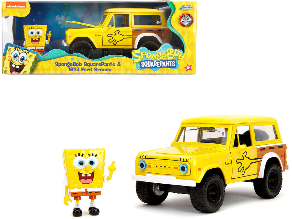 1973 Ford Bronco Yellow with Graphics and SpongeBob SquarePants Diecast Figure "SpongeBob SquarePants" (1999-Current) TV Series "Hollywood Rides" Series 1/24 Diecast Model Car by Jada