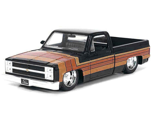 1985 Chevrolet C-10 Pickup Truck Black with Stripes and GM Rally Wheels "Just Trucks" Series 1/24 Diecast Model Car by Jada - Miniature Motors