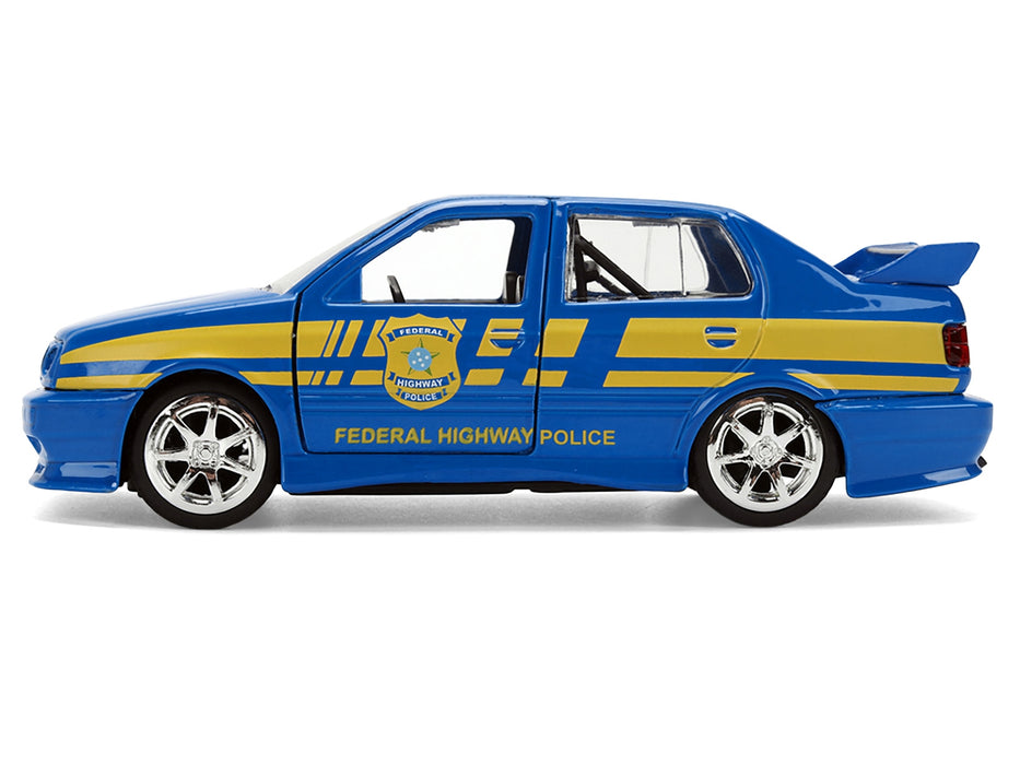 Volkswagen Jetta Police Vehicle "Rio Federal Highway Police" Blue with Yellow Stripes "Fast Five" (2011) Movie "Fast & Furious" Series 1/32 Diecast Model Car by Jada