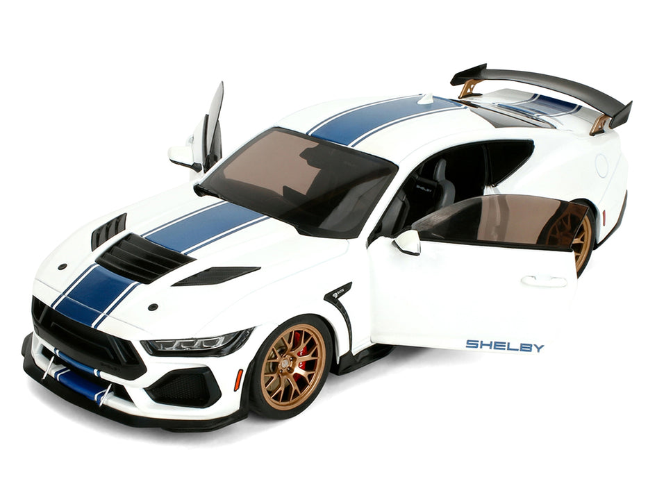 Ford Mustang Shelby Super Snake White Metallic with Blue Stripes and Gold Wheels "Pink Slips" Series 1/18 Diecast Model Car by Jada