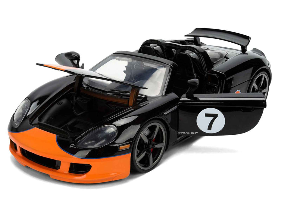 Porsche Carrera GT Convertible #7 "Gulf Oil" Black with Orange Graphics "Hyper-Spec" Series 1/24 Diecast Model Car by Jada