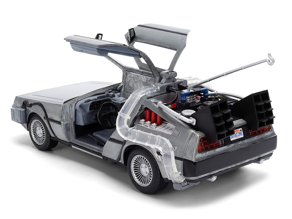 DeLorean Brushed Metal Time Machine with Lights "Back to the Future" (1985) Movie "40th Anniversary" Special Packaging "Hollywood Rides" Series 1/24 Diecast Model Car by Jada