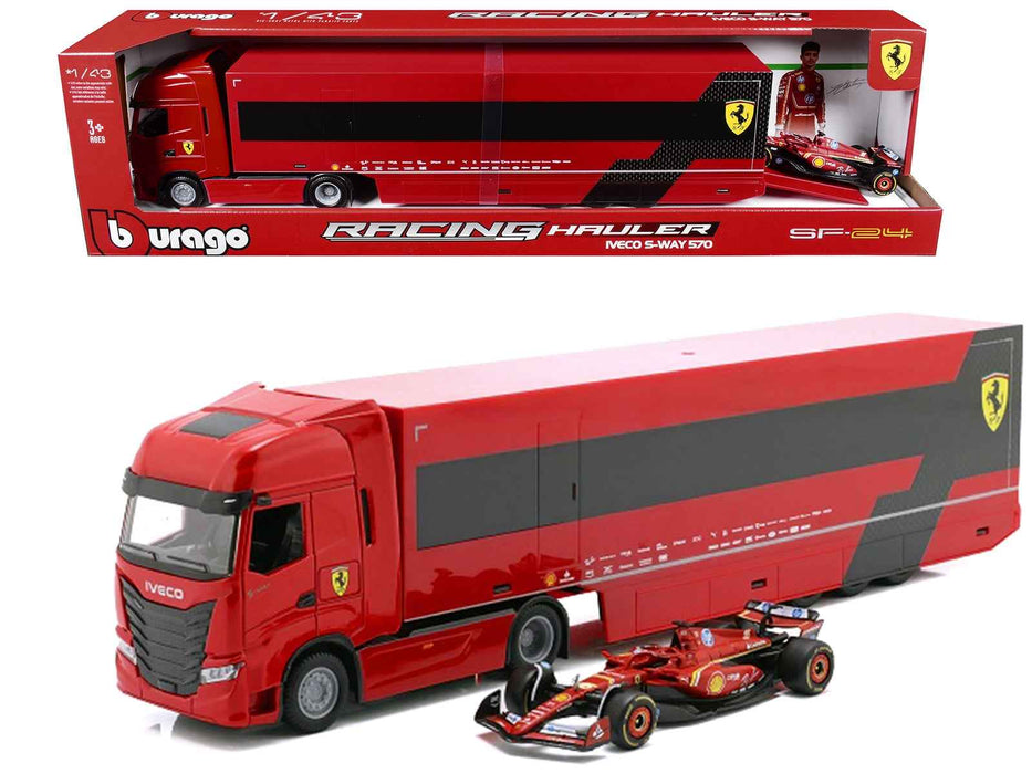 Iveco S-Way 570 Car Transporter Red and Ferrari SF-24 #16 Charles Leclerc Formula One F1 World Championship (2024) "Racing Hauler" Series 1/43 Diecast Model Car by Bburago