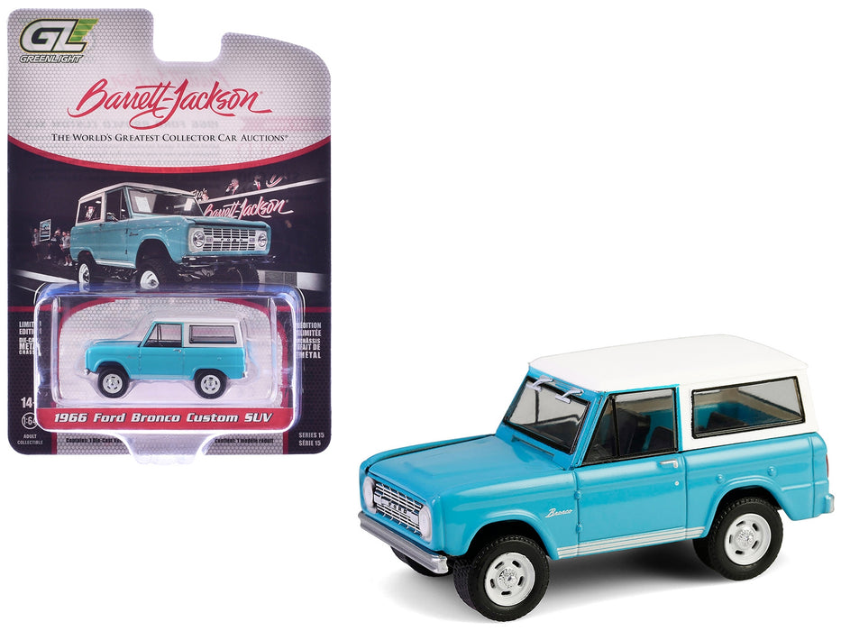 1966 Ford Bronco Custom SUV Turquoise Blue with White Top "Barrett-Jackson" Series 15 1/64 Diecast Model Car by Greenlight