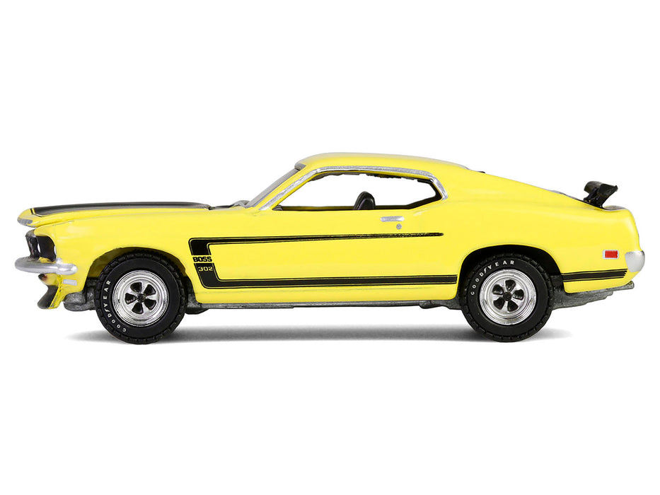 1969 Ford Mustang Boss 302 Bright Yellow with Black Hood and Stripes "Barrett-Jackson" Series 15 1/64 Diecast Model Car by Greenlight