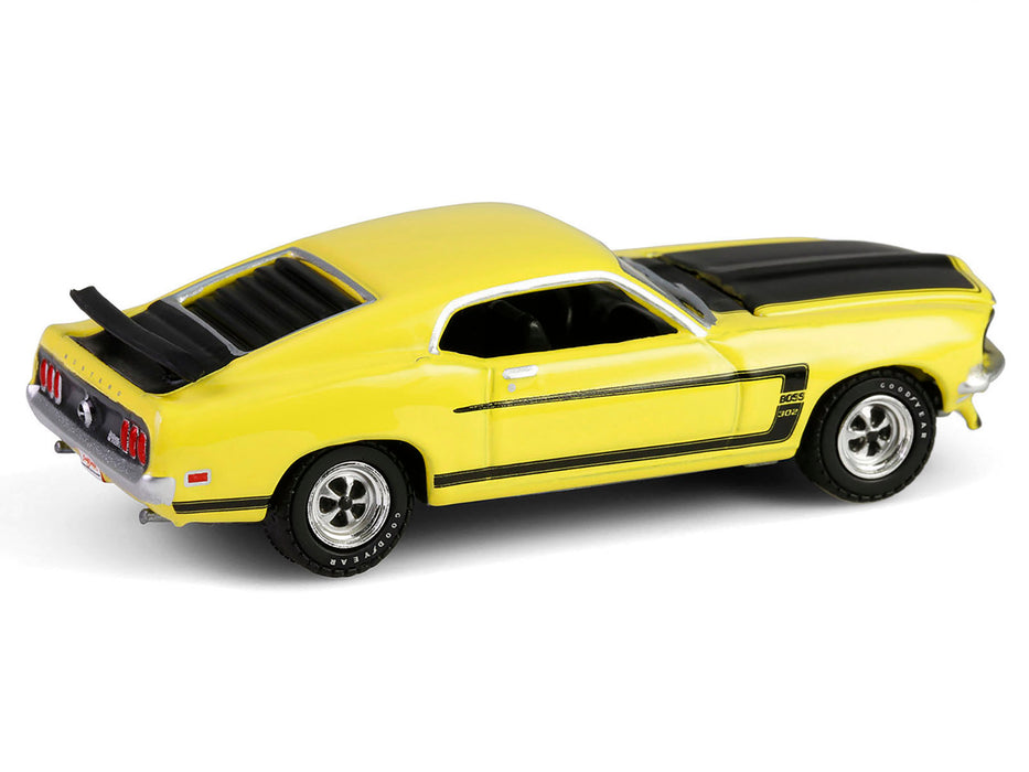 1969 Ford Mustang Boss 302 Bright Yellow with Black Hood and Stripes "Barrett-Jackson" Series 15 1/64 Diecast Model Car by Greenlight
