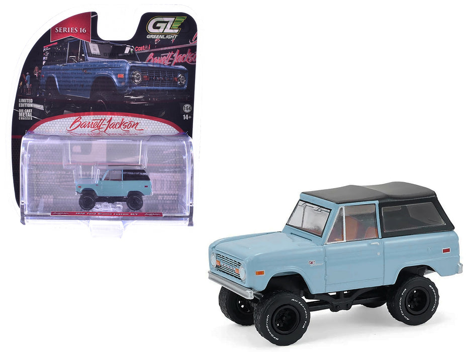1972 Ford Bronco Custom SUV Light Blue with Black Top "Barrett-Jackson" Series 16 1/64 Diecast Model Car by Greenlight