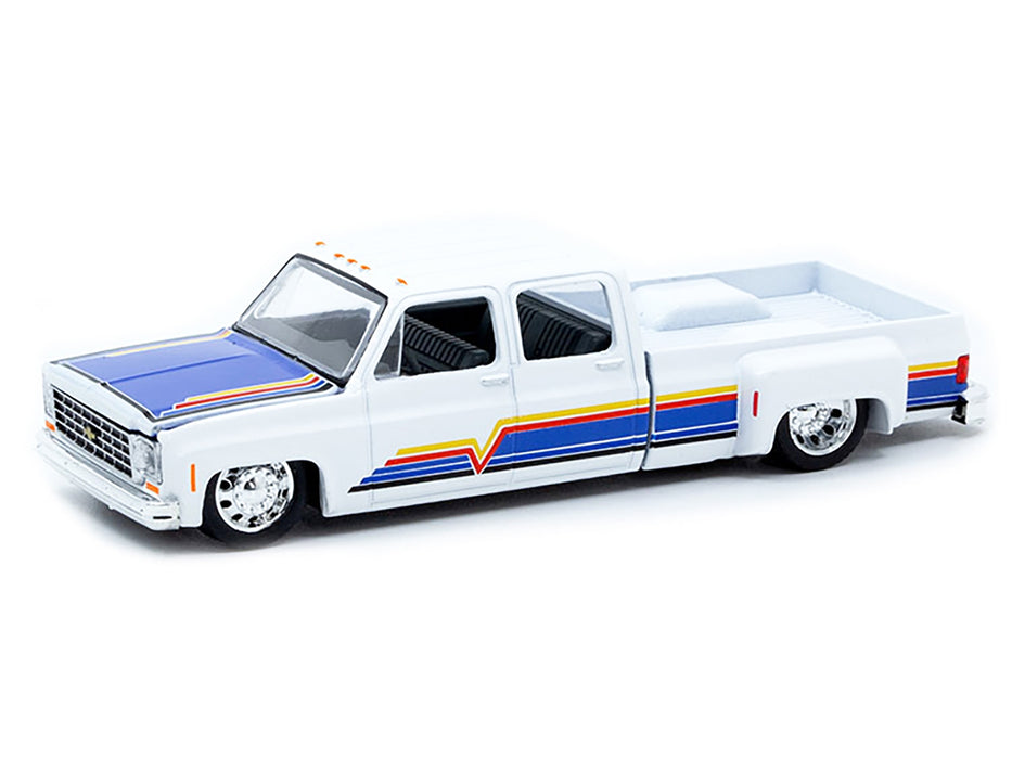 1975 Chevrolet Cheyenne Super 30 Dually Pickup Truck White with Blue Hood and Stripes Limited Edition to 8800 pieces Worldwide 1/64 Diecast Model Car by M2 Machines