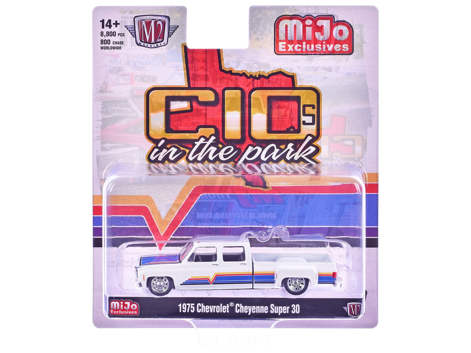 1975 Chevrolet Cheyenne Super 30 Dually Pickup Truck White with Blue Hood and Stripes Limited Edition to 8800 pieces Worldwide 1/64 Diecast Model Car by M2 Machines