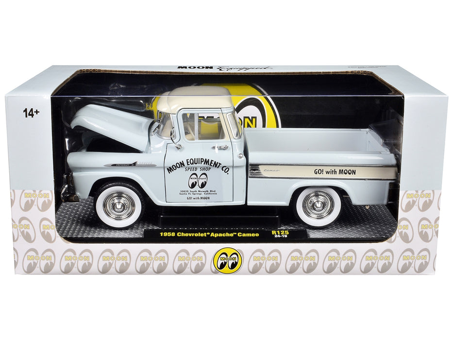1958 Chevrolet Apache Cameo Pickup Truck "Mooneyes" Light Gray with White Top Limited Edition to 6650 pieces Worldwide 1/24 Diecast Model Car by M2 Machines - Miniature Motors
