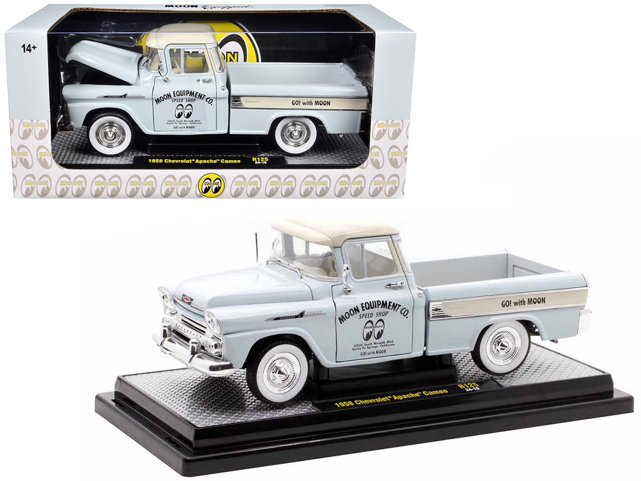 1958 Chevrolet Apache Cameo Pickup Truck "Mooneyes" Light Gray with White Top Limited Edition to 6650 pieces Worldwide 1/24 Diecast Model Car by M2 Machines - Miniature Motors