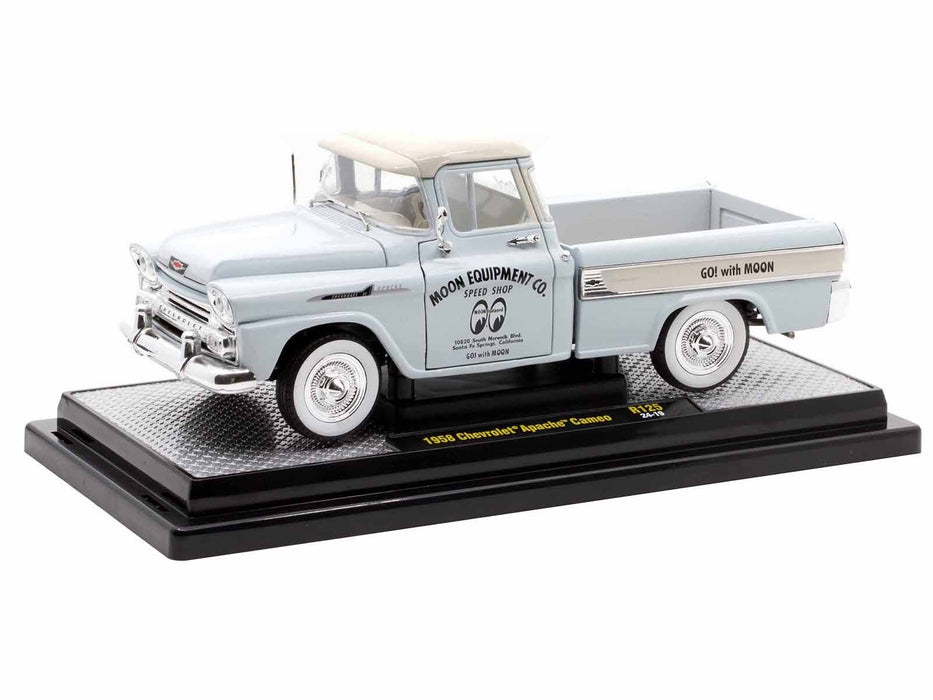 1958 Chevrolet Apache Cameo Pickup Truck "Mooneyes" Light Gray with White Top Limited Edition to 6650 pieces Worldwide 1/24 Diecast Model Car by M2 Machines - Miniature Motors