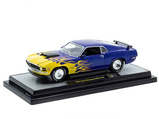 1970 Ford Mustang BOSS 429 Blue Metallic with Flame Graphics Limited Edition to 6650 pieces Worldwide 1/24 Diecast Model Car by M2 Machines