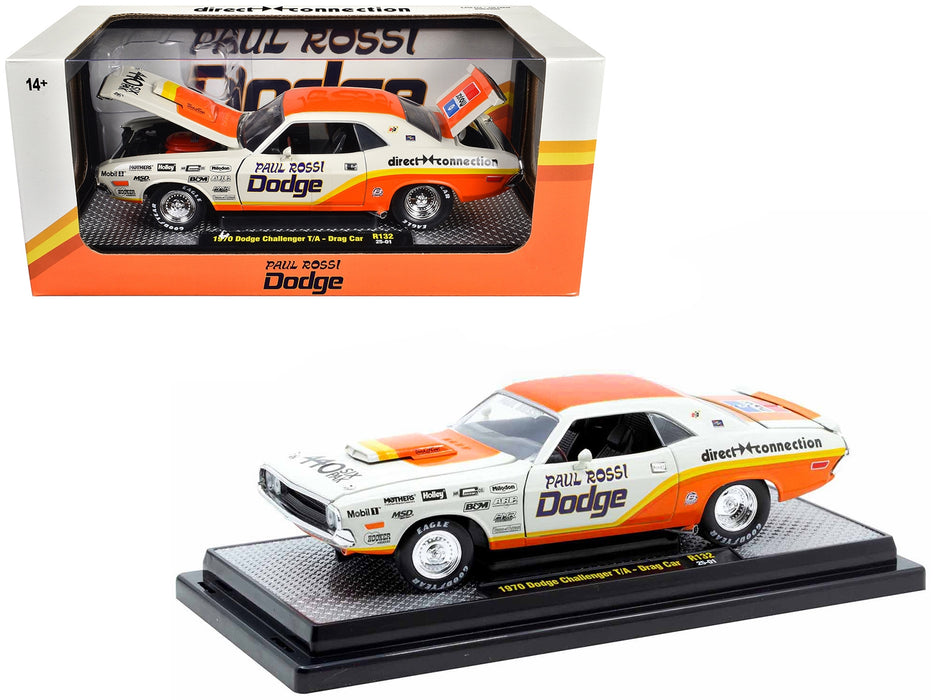 1970 Dodge Challenger T/A Drag Car "Paul Rossi" White and Orange with Graphics Limited Edition to 6650 pieces Worldwide 1/24 Diecast Model Car by M2 Machines