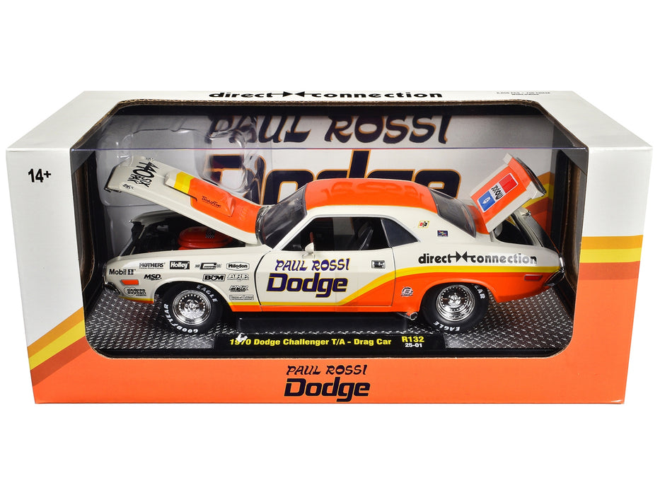 1970 Dodge Challenger T/A Drag Car "Paul Rossi" White and Orange with Graphics Limited Edition to 6650 pieces Worldwide 1/24 Diecast Model Car by M2 Machines