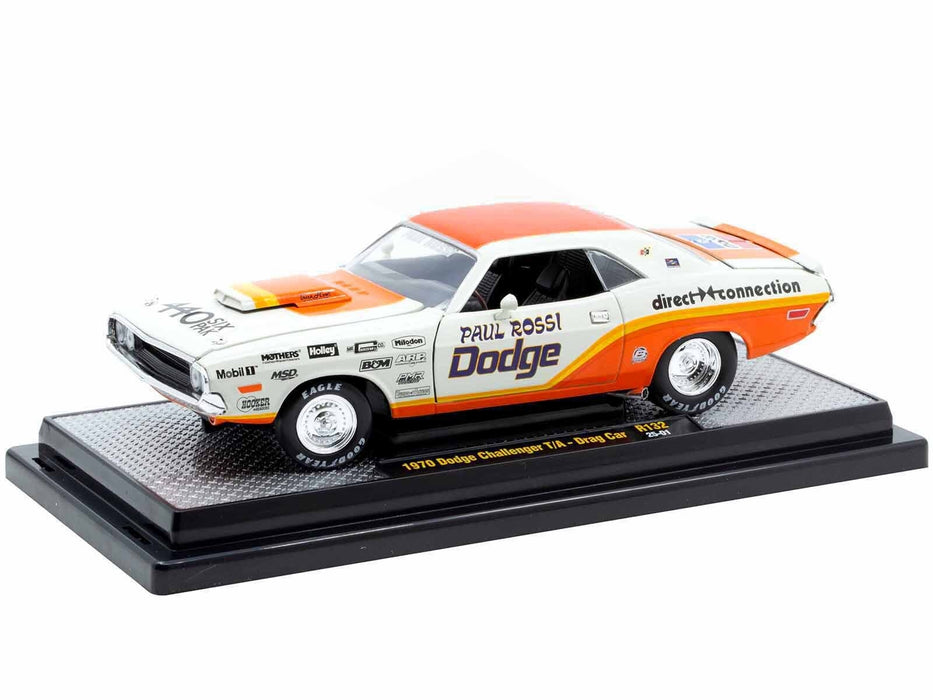 1970 Dodge Challenger T/A Drag Car "Paul Rossi" White and Orange with Graphics Limited Edition to 6650 pieces Worldwide 1/24 Diecast Model Car by M2 Machines