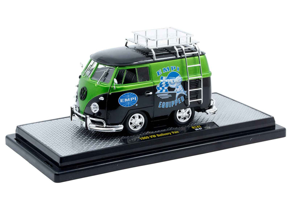 1960 Volkswagen Delivery Van "EMPI Equipped" Black and Green Metallic with Roof Rack and Ladder Limited Edition to 4050 pieces Worldwide 1/24 Diecast Model Car by M2 Machines