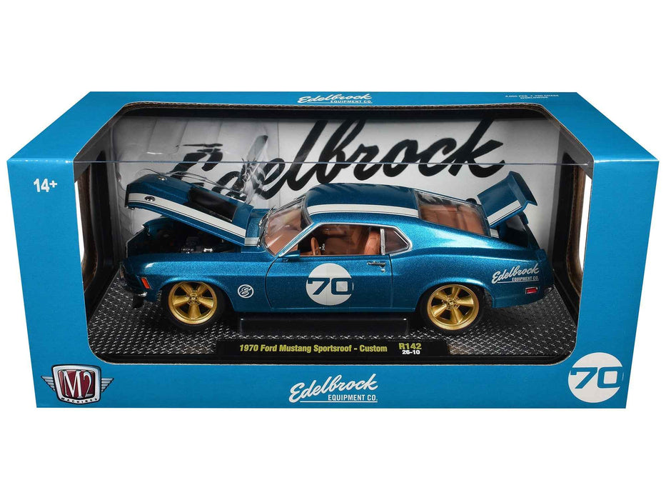 1970 Ford Mustang Sportsroof #70 Blue Metallic with White Stripes Limited Edition to 4050 pieces Worldwide 1/24 Diecast Model Car by M2 Machines