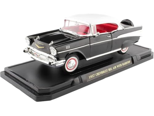 1957 Chevrolet Bel Air Hardtop Black with White Top and Red Interior 1/18 Diecast Model Car by Road Signature - Miniature Motors