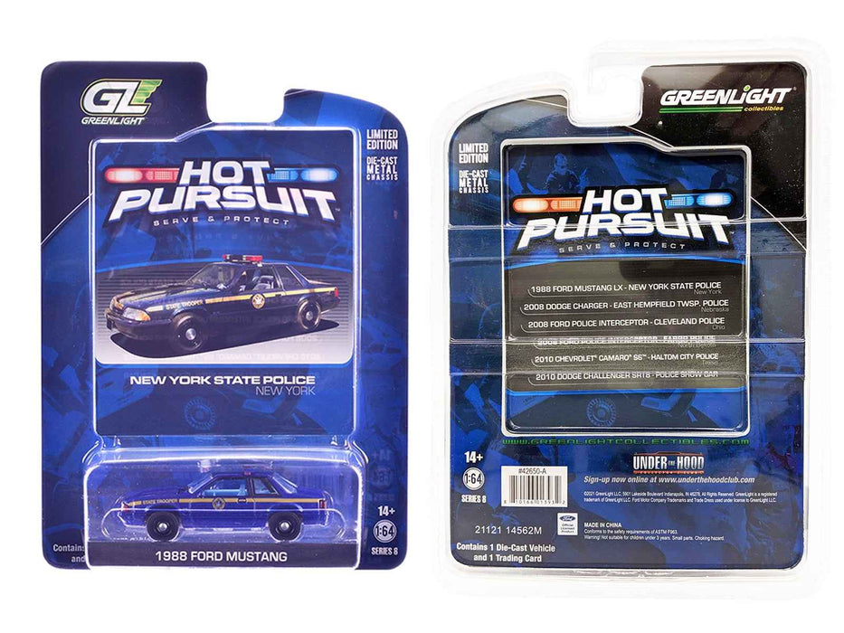 1988 Ford Mustang "New York State Police" Blue with Yellow Stripes and Blue Interior "Hot Pursuit" Series 8 1/64 Diecast Model Car by Greenlight