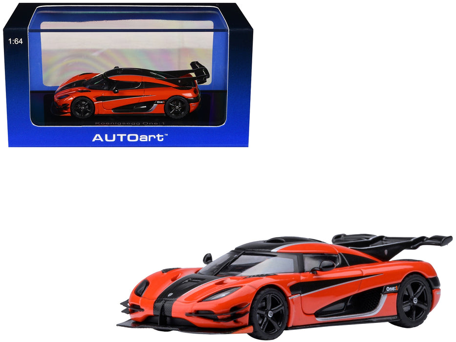 Koenigsegg One:1 Lava Orange with Carbon and Silver Stripes 1/64 Diecast Model Car by Autoart