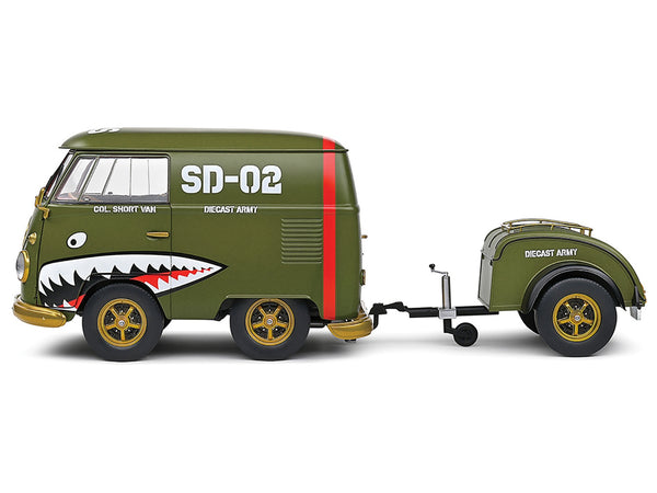 1950 Volkswagen Kool Kombi Van with Trailer "Army Fighter" Green with Graphics 1/18 Diecast Model Car by Solido - Miniature Motors