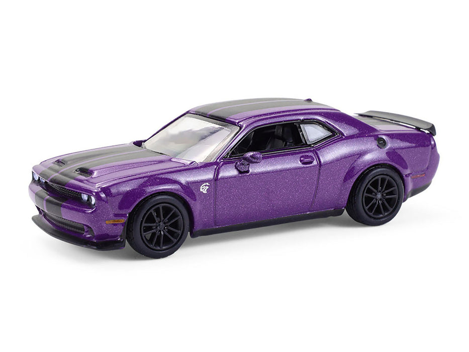 2023 Dodge Challenger SRT Hellcat Plum Crazy Metallic with Black Stripes "Showroom Floor" Series 7 1/64 Diecast Model Car by Greenlight