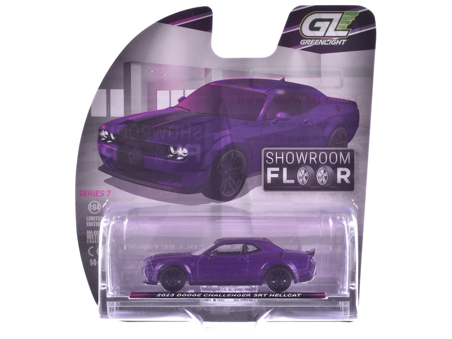 2023 Dodge Challenger SRT Hellcat Plum Crazy Metallic with Black Stripes "Showroom Floor" Series 7 1/64 Diecast Model Car by Greenlight