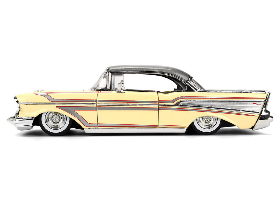 1957 Chevrolet Bel Air Cream with Graphics and Gray Metallic Top "Bigtime Muscle" Series 1/24 Diecast Model Car by Jada