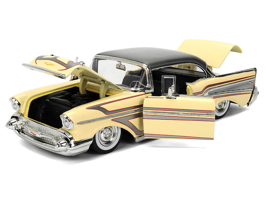1957 Chevrolet Bel Air Cream with Graphics and Gray Metallic Top "Bigtime Muscle" Series 1/24 Diecast Model Car by Jada