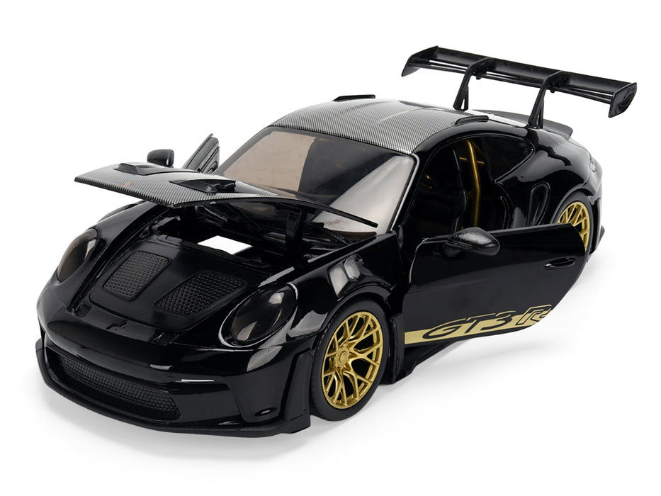 Porsche 911 (992) GT3 RS Black with Carbon Top and Hood Stripes and Gold Wheels "Hyper-Spec" 1/24 Diecast Model Car by Jada