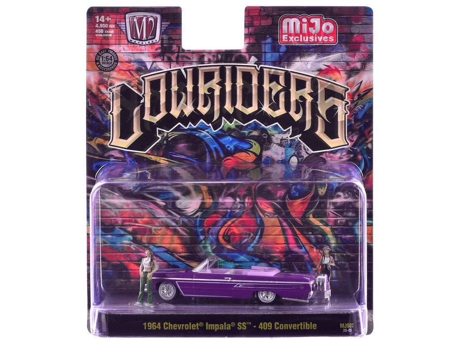 1964 Chevrolet Impala SS 409 Convertible Purple Metallic with Purple and White Interior with 2 Figures Limited Edition to 4950 pieces Worldwide 1/64 Diecast Models by M2 Machines