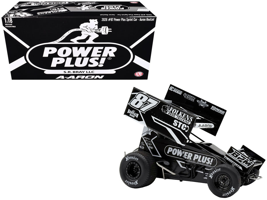 Winged Sprint Car #87 Aaron Reutzel "Power Plus" Black (2026) 1/18 Diecast Model Car by ACME