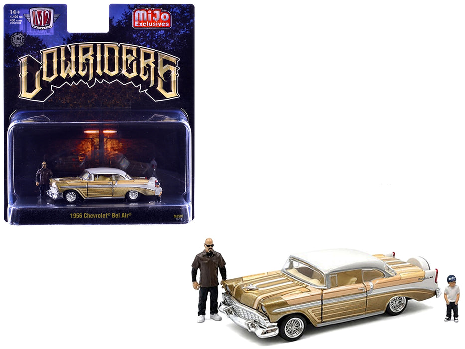 1956 Chevrolet Bel Air Lowrider Gold Metallic with Gold Interior and White Top with 2 Figures Limited Edition to 4400 pieces Worldwide 1/64 Diecast Model Car by M2 Machines