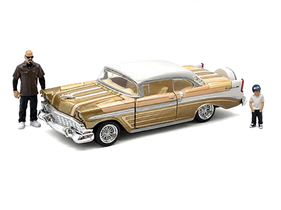 1956 Chevrolet Bel Air Lowrider Gold Metallic with Gold Interior and White Top with 2 Figures Limited Edition to 4400 pieces Worldwide 1/64 Diecast Model Car by M2 Machines