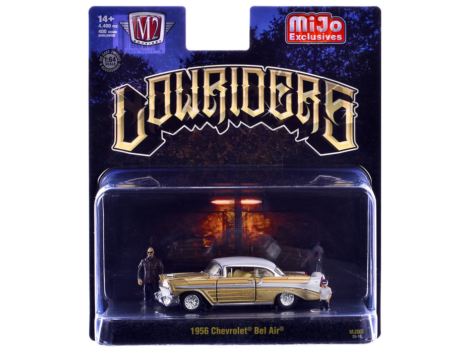 1956 Chevrolet Bel Air Lowrider Gold Metallic with Gold Interior and White Top with 2 Figures Limited Edition to 4400 pieces Worldwide 1/64 Diecast Model Car by M2 Machines