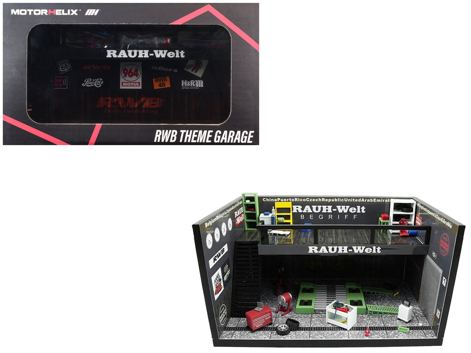 "RWB" Garage Diorama Black with Accessories 1/64 Model by MotorHelix
