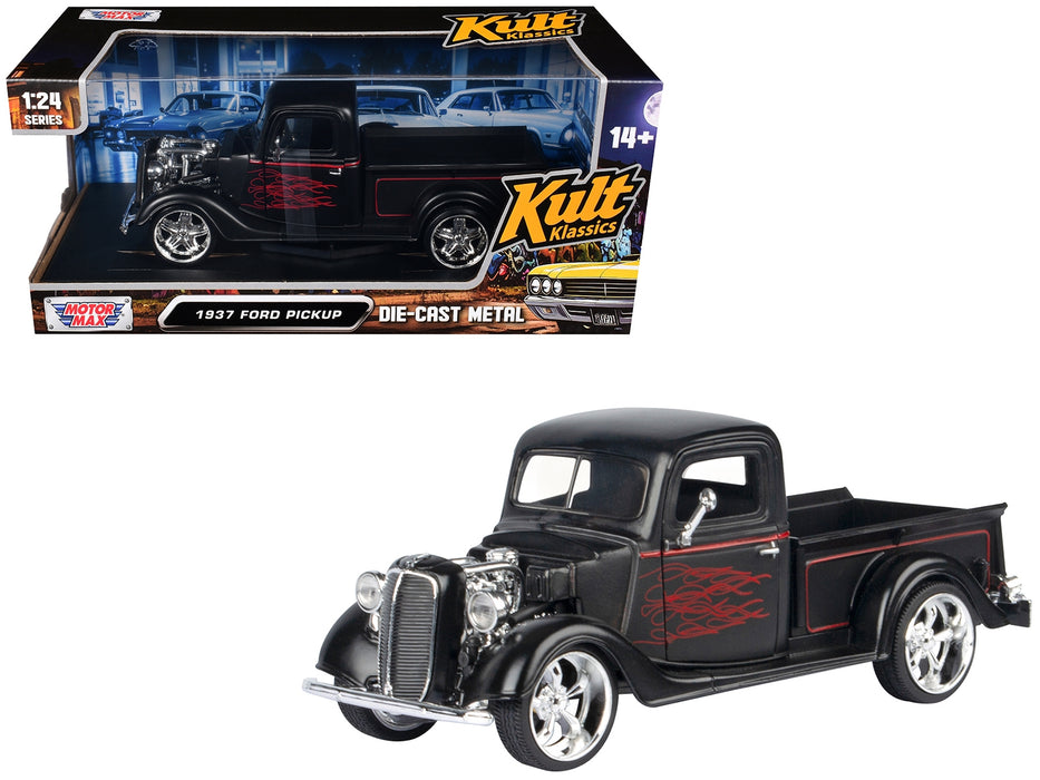 1937 Ford Pickup Truck Matt Black with Red Flame Graphics "Kult Klassics" Series 1/24 Diecast Model Car by Motormax