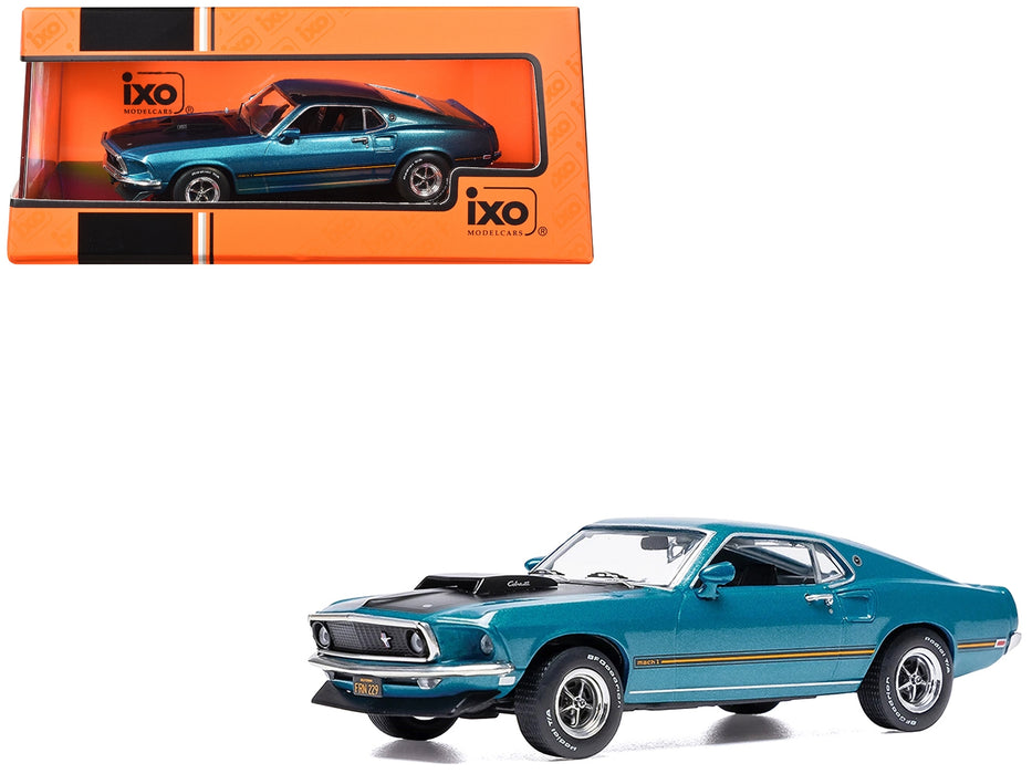 1969 Ford Mustang Mach 1 Blue Metallic with Matt Black Hood and Yellow Stripes 1/43 Diecast Model Car by IXO Models