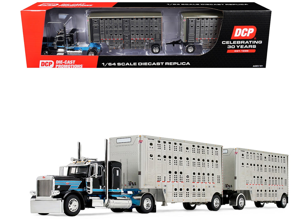 Peterbilt 389 with 36" Flat Top Sleeper and 28' Wilson Silverstar Double Livestock Trailers Black with Cyan Stripes 1/64 Diecast Model by First Gear