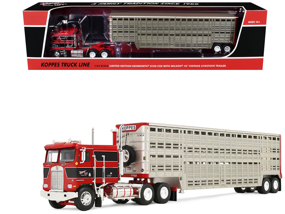 Kenworth K100 COE Flat Top and 45' Wilson Vintage Livestock Trailer "Koppes Truck Line" Red with Black Stripes 1/64 Diecast Model by First Gear