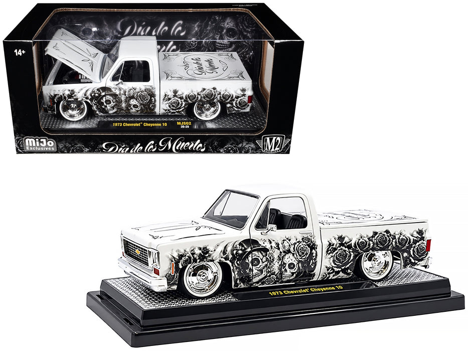 1973 Chevrolet Cheyenne 10 Pickup Truck "Dia de los Muertos" White with Graphics Limited Edition to 2500 pieces Worldwide 1/24 Diecast Model Car by M2 Machines