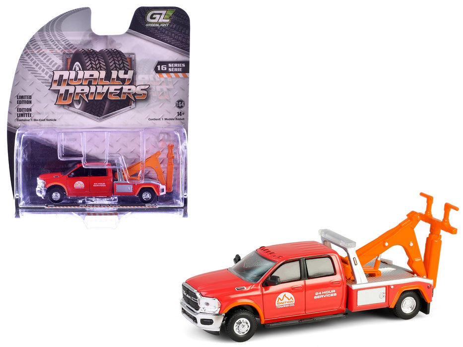 2022 Ram 3500 Dually Wrecker Tow Truck "Ignition Towing Co." Red and Orange "Dually Drivers" Series 16 1/64 Diecast Model Car by Greenlight