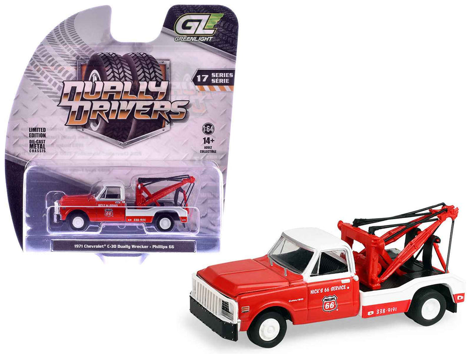 1971 Chevrolet C-30 Dually Wrecker Tow Truck "Phillips 66" Red with White Top "Dually Drivers" Series 17 1/64 Diecast Model Car by Greenlight