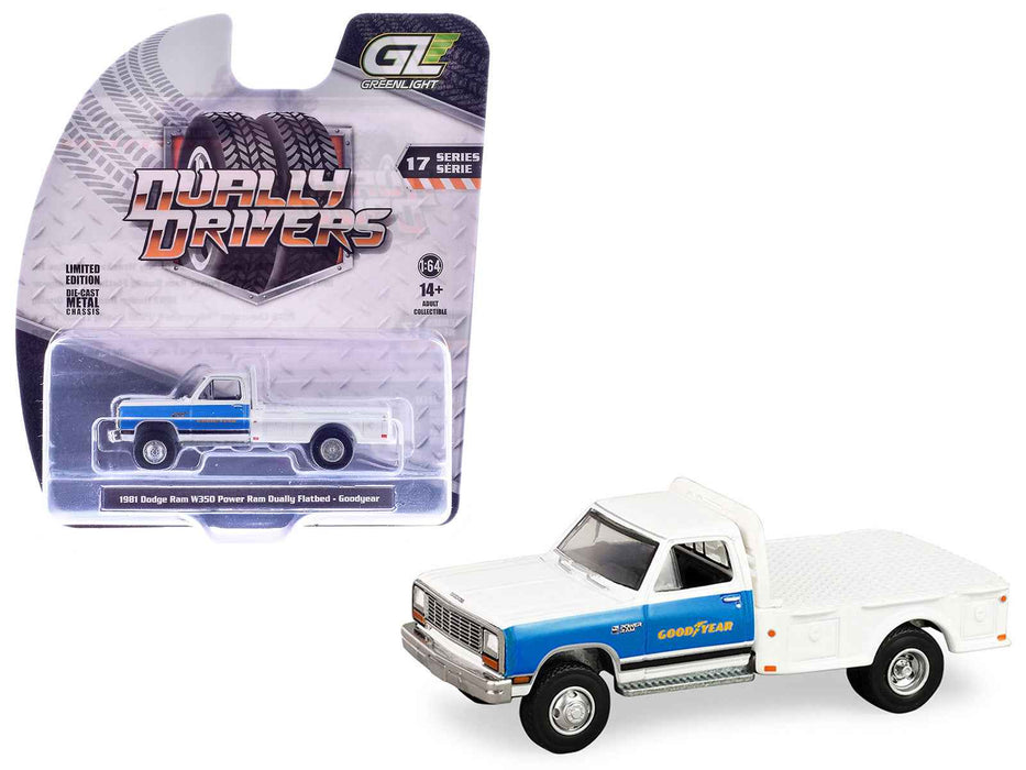 1981 Dodge Ram W350 Power Ram Dually Flatbed Truck "Goodyear" White with Blue Sides "Dually Drivers" Series 17 1/64 Diecast Model Car by Greenlight