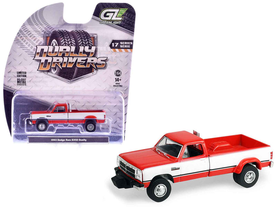 1993 Dodge Ram D350 Dually Red and White with Exhaust with Bumper Weights "Dually Drivers" Series 17 1/64 Diecast Model Car by Greenlight