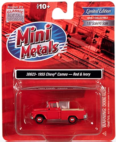 1955 Chevrolet Cameo Pickup Truck Red and Ivory 1/87 (HO) Scale Model Car by Classic Metal Works - Miniature Motors